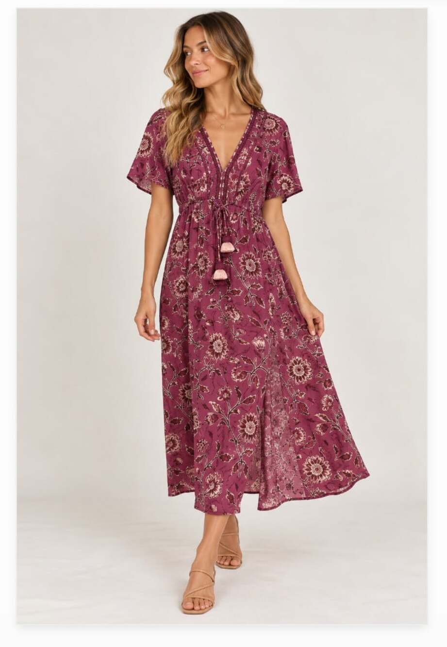 OMIKA Dress Womens One Size Pink Floral Tassel V Neck Maxi Short Sleeve